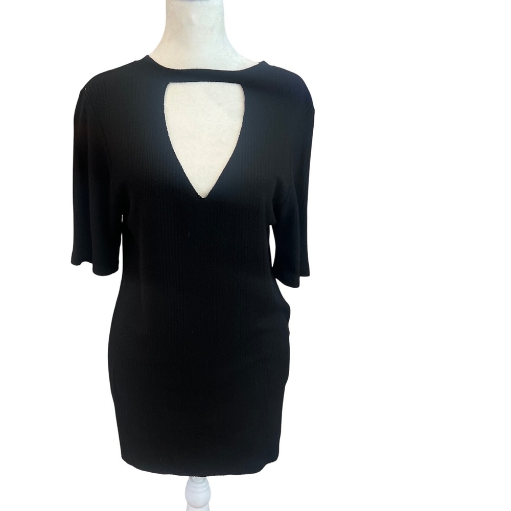 JOAH BROWN Black Ribbed Cutout Neck Tunic Top M L Made in‎ USA